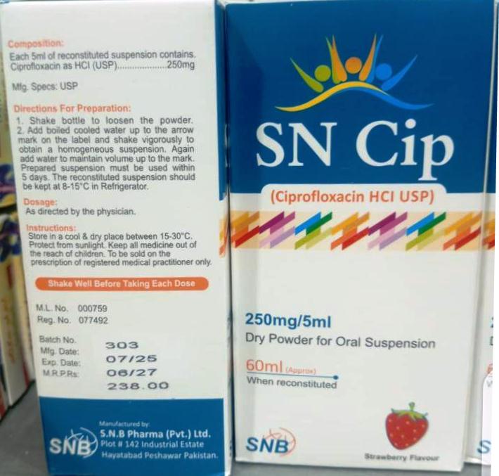 SN Cip-250mg/5ml (Ciprofloxacin HCI USP)-60ml
